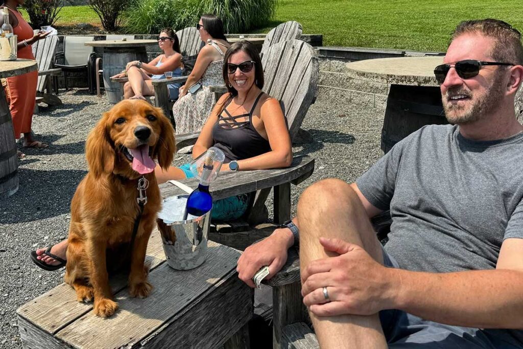 Photo of people and pet enjoying. a day on the Shawangunk Wine Trail